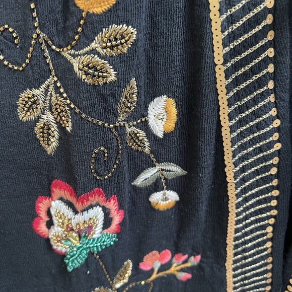 Johnny Was NWT Biya Short Kimono Open Black Beaded Sequin Boho Sz S Oversized - Picture 5 of 8